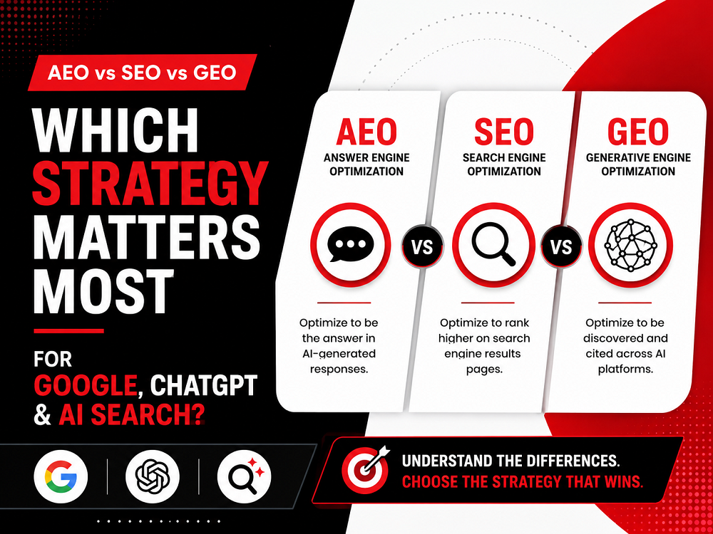 AEO vs SEO vs GEO: Which Strategy Matters Most for Google, ChatGPT & AI Search?